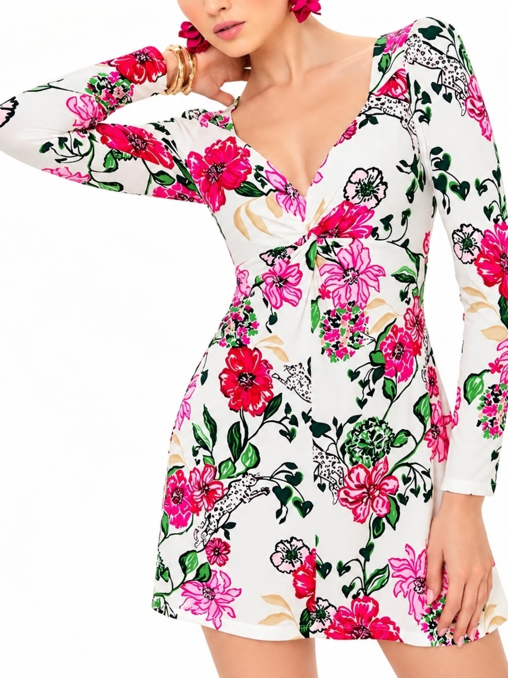 LILLY PULITZER * Floral V-Neck Long Sleeve Romper Dress - White & Pink